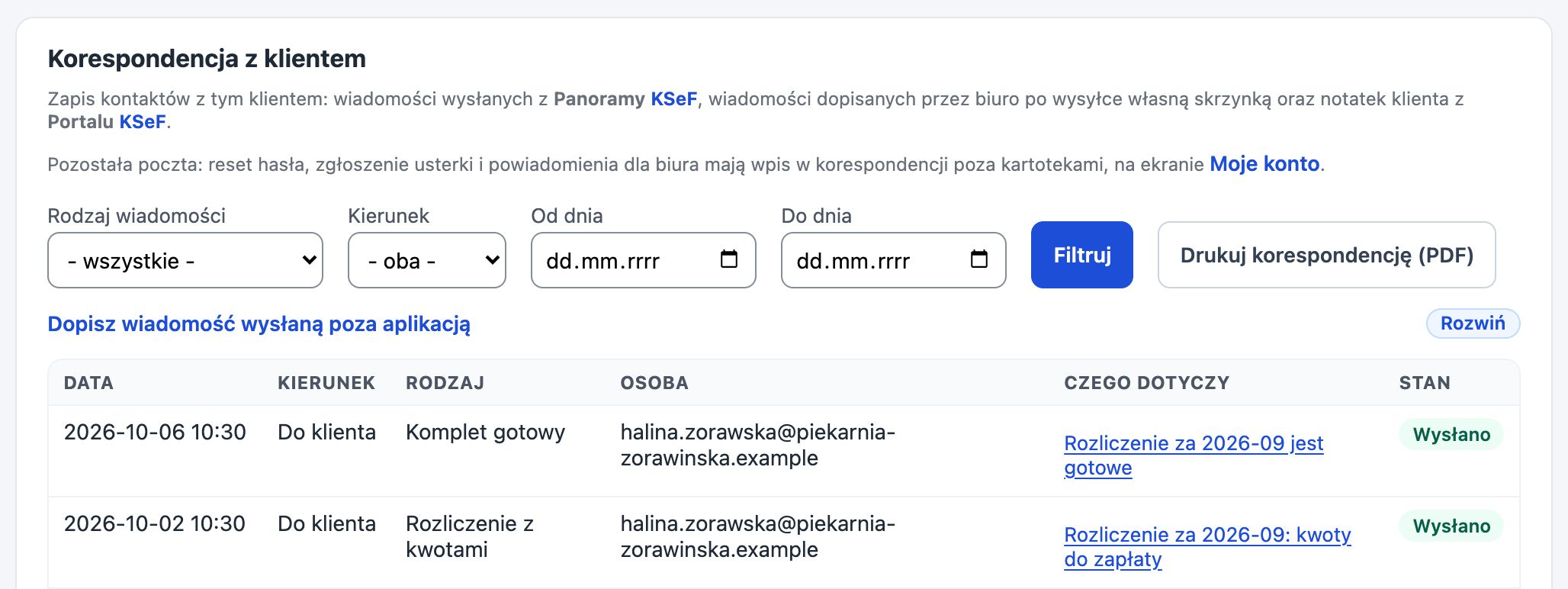Archiwum korespondencji z klientem: filtry rodzaju wiadomości, kierunku i dat, przycisk Drukuj korespondencję (PDF) i dwa wpisy do klienta, Komplet gotowy i Rozliczenie z kwotami, oba ze stanem Wysłano.